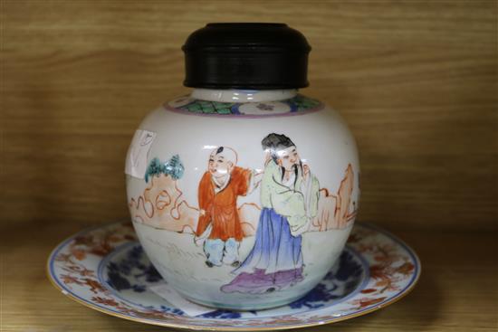 Two famille rose vases,melon shapers, jar and cover and two plates (5) Largest 23cm high